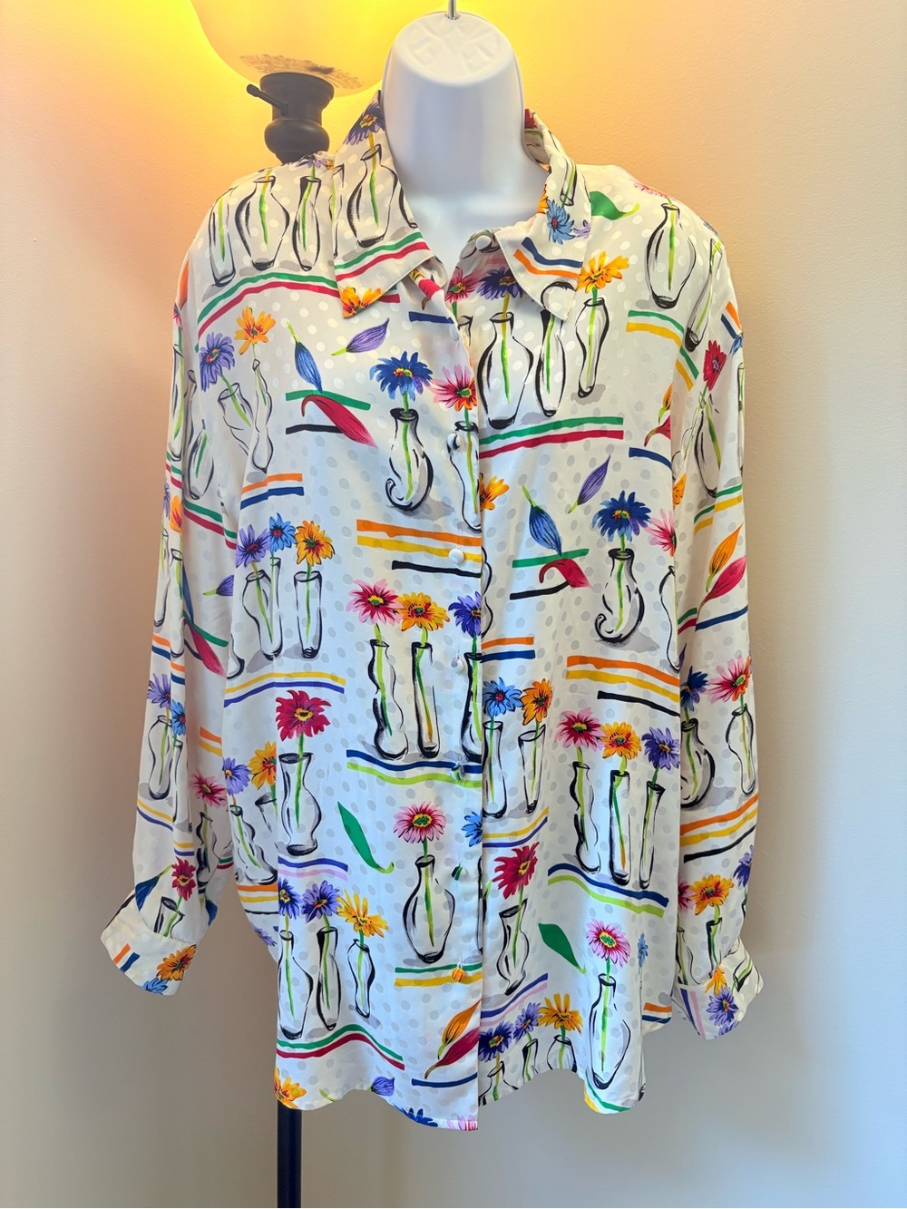 Corey B. Vintage Silk Blouse Floral Stems Vases Multicolored, Polka Dots Size 14